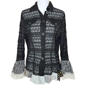 N Touch Black Lace Patchwork Top Women's Medium Button Up Flare Sleeves Goth Alt